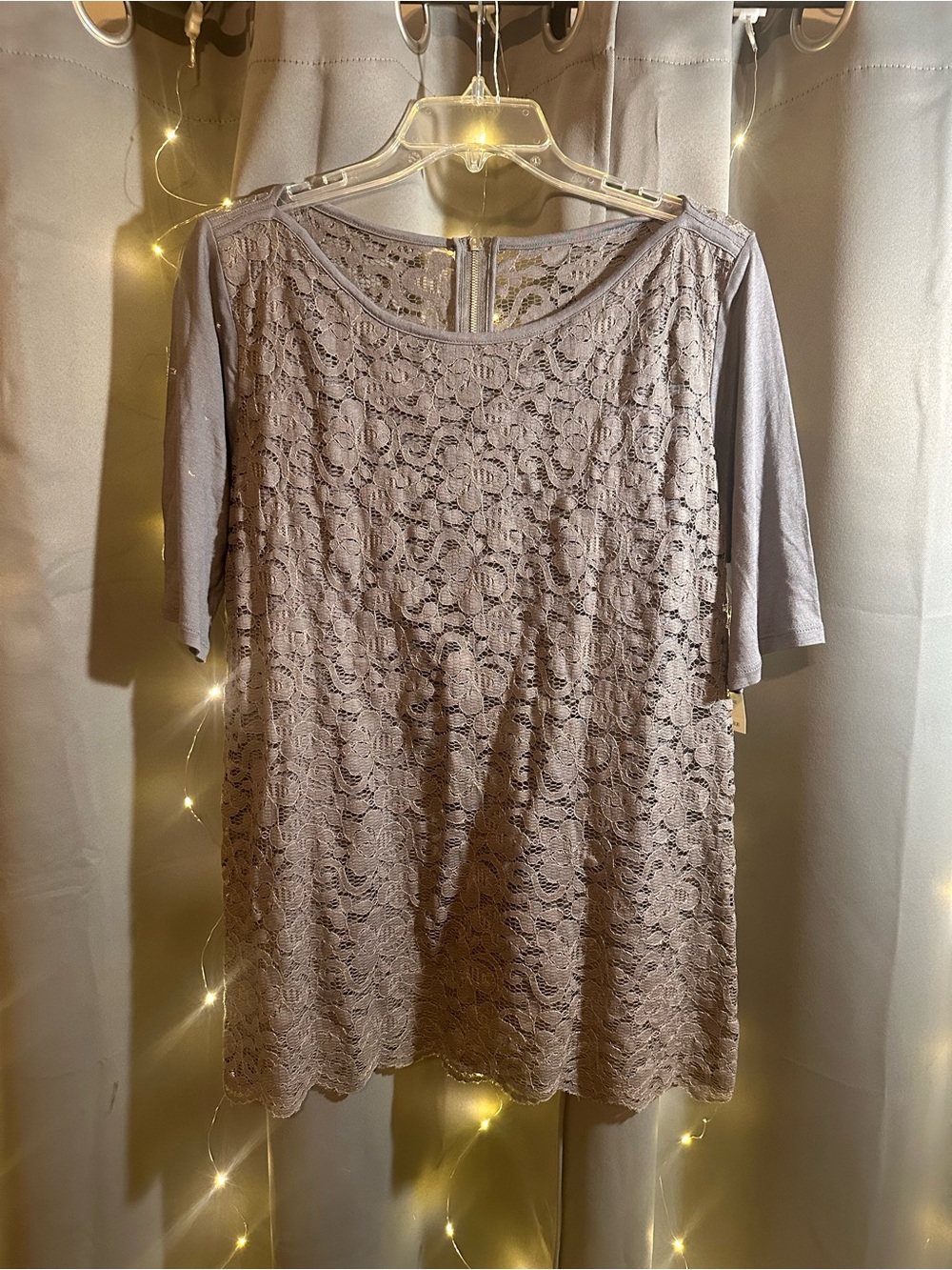 New York & Company Lace Front Short Sleeve Top - Gray